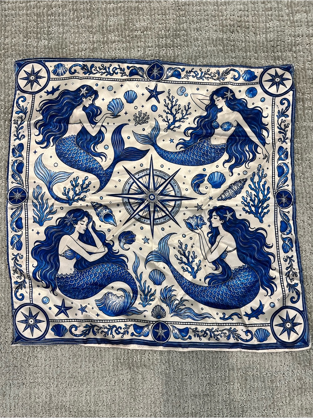 Blue and White Mermaid Silk Scarf, 19”x19”